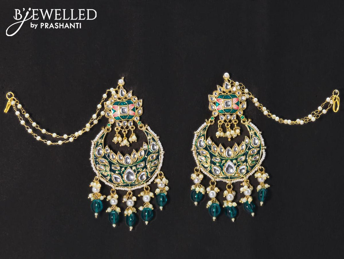 Dangler chandbali earrings teal blue with hangings and pearl maatal - {{ collection.title }} by Prashanti Sarees