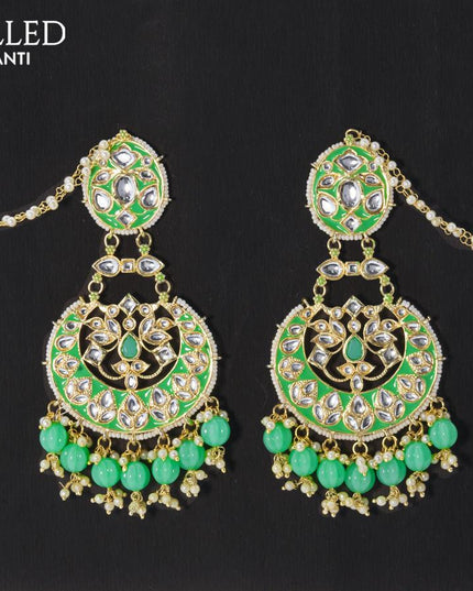 Dangler chandbali earrings teal green with hangings and pearl maatal - {{ collection.title }} by Prashanti Sarees