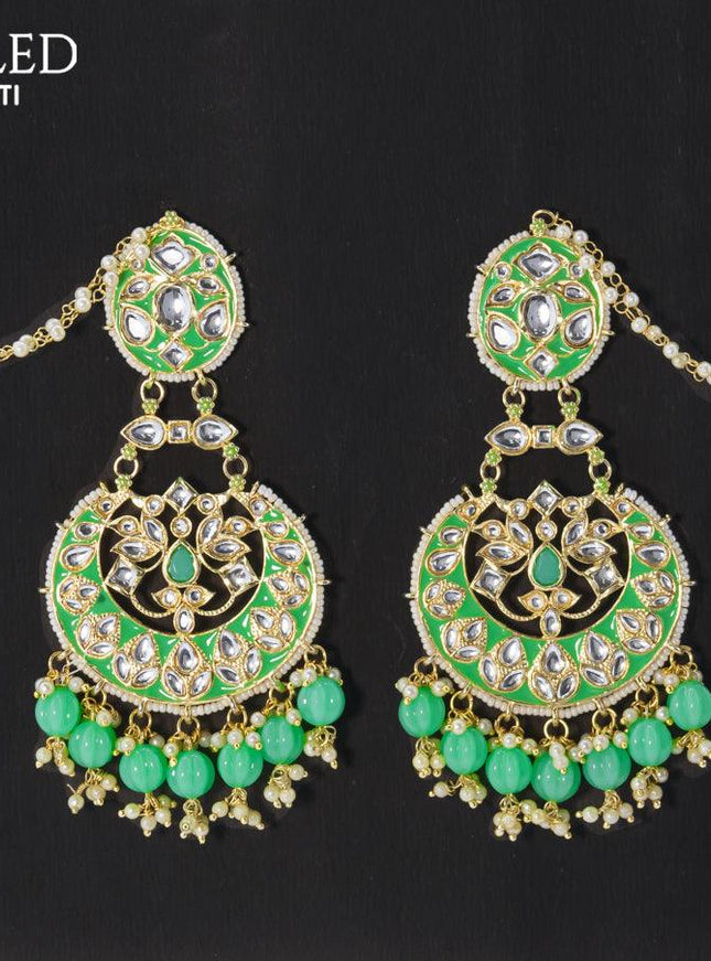 Dangler chandbali earrings teal green with hangings and pearl maatal - {{ collection.title }} by Prashanti Sarees