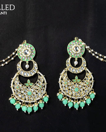 Dangler chandbali earrings teal green with hangings and pearl maatal - {{ collection.title }} by Prashanti Sarees