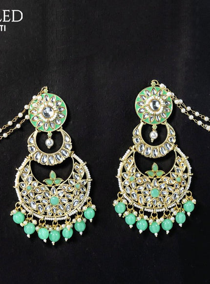 Dangler chandbali earrings teal green with hangings and pearl maatal - {{ collection.title }} by Prashanti Sarees