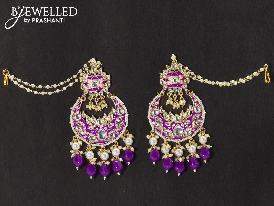 Dangler chandbali earrings violet with hangings and pearl maatal - {{ collection.title }} by Prashanti Sarees