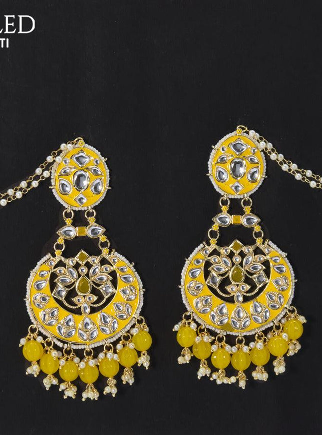 Dangler chandbali earrings yellow with hangings and pearl maatal - {{ collection.title }} by Prashanti Sarees