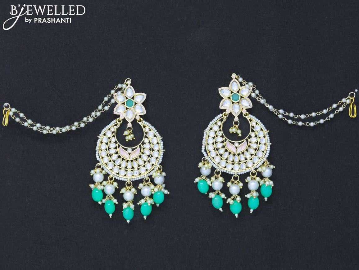 Dangler chandbali light green earrings with hangings and pearl maatal - {{ collection.title }} by Prashanti Sarees