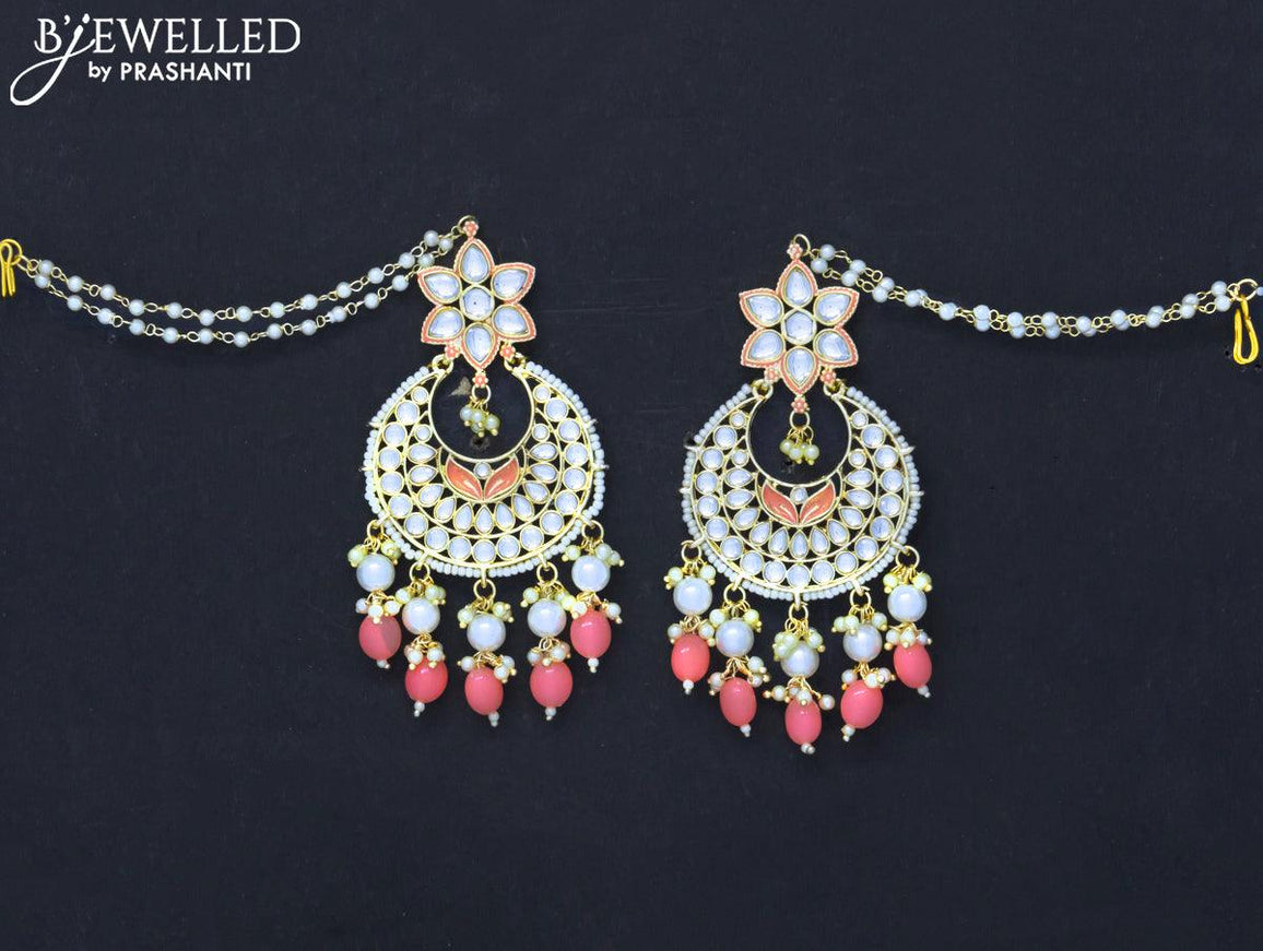 Dangler chandbali peach earrings with hangings and pearl maatal - {{ collection.title }} by Prashanti Sarees