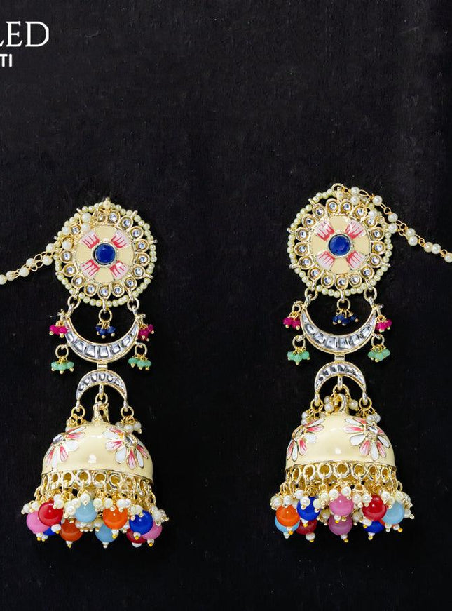 Dangler cream jhumka with multicolour beads hangings and pearl maatal - {{ collection.title }} by Prashanti Sarees