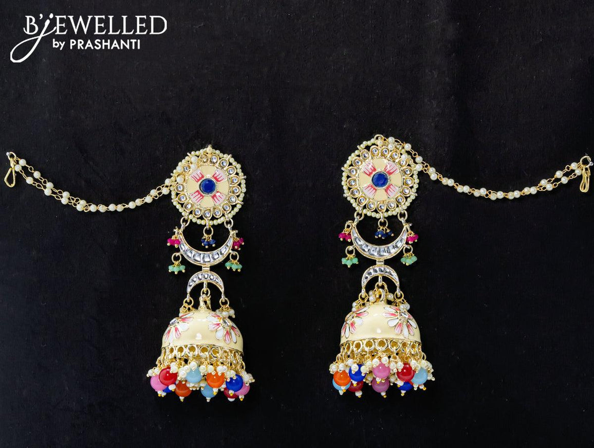 Dangler cream jhumka with multicolour beads hangings and pearl maatal - {{ collection.title }} by Prashanti Sarees