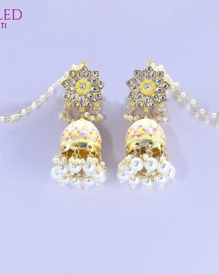 Dangler cream jhumkas with pearl hangings and pearl maatal - {{ collection.title }} by Prashanti Sarees