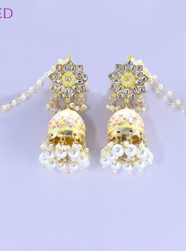 Dangler cream jhumkas with pearl hangings and pearl maatal - {{ collection.title }} by Prashanti Sarees