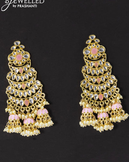 Dangler earrings baby pink and kundan stone with pearl maatal - {{ collection.title }} by Prashanti Sarees