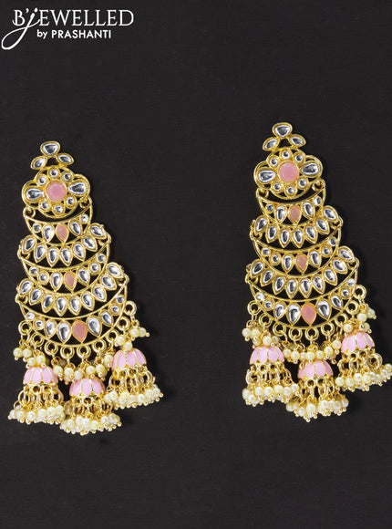 Dangler earrings baby pink and kundan stone with pearl maatal - {{ collection.title }} by Prashanti Sarees