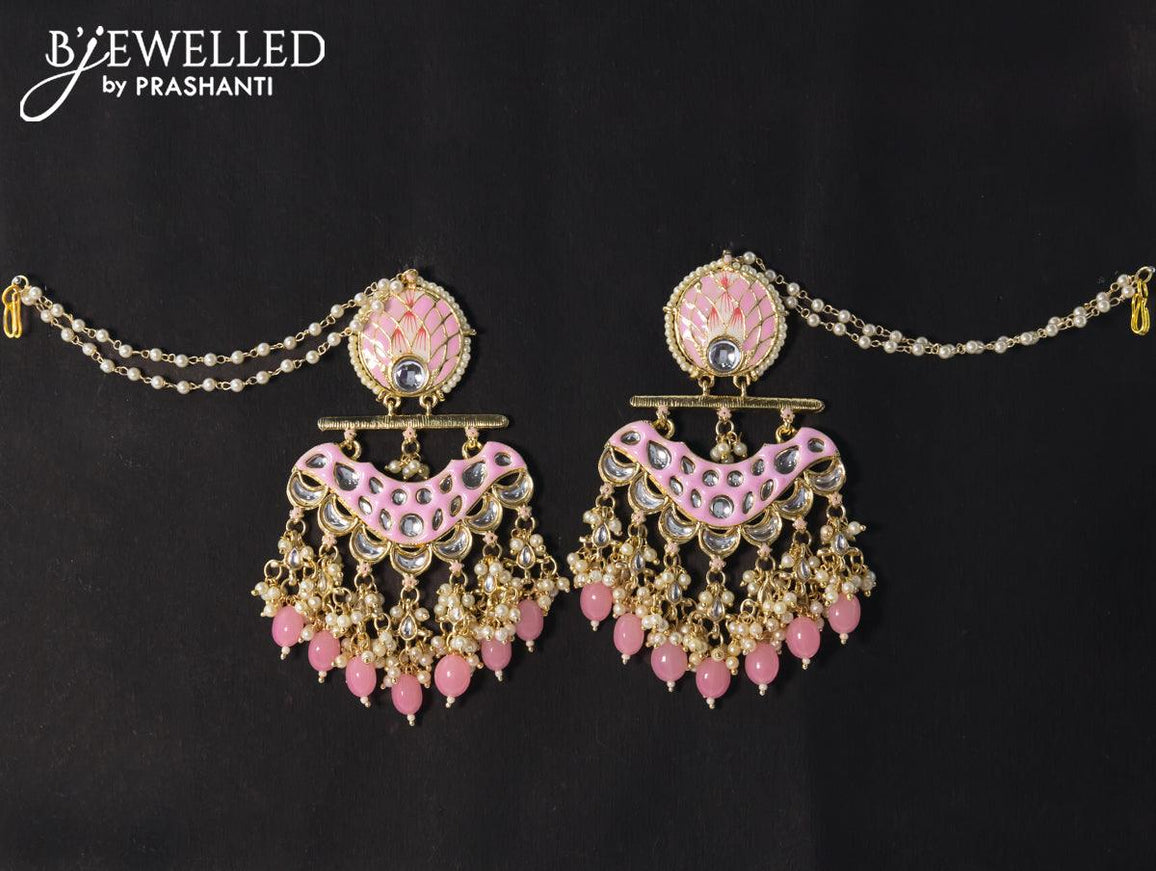 Dangler earrings baby pink with hangings and pearl maatal - {{ collection.title }} by Prashanti Sarees