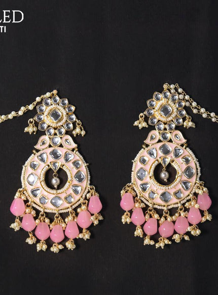 Dangler earrings baby pink with hangings and pearl maatal - {{ collection.title }} by Prashanti Sarees