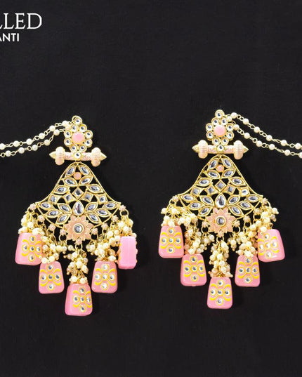 Dangler earrings baby pink with pearl hangings and pearl maatal - {{ collection.title }} by Prashanti Sarees