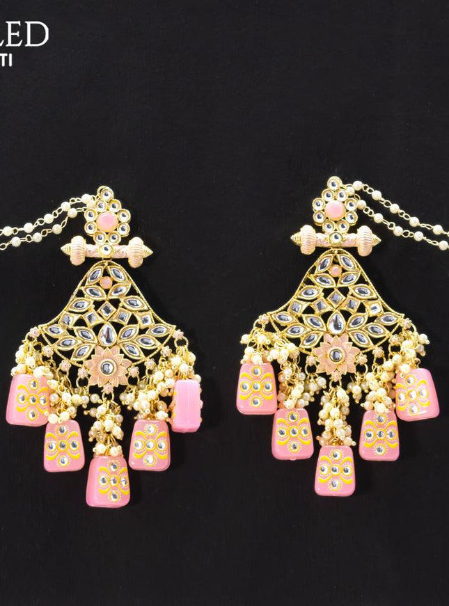 Dangler earrings baby pink with pearl hangings and pearl maatal - {{ collection.title }} by Prashanti Sarees