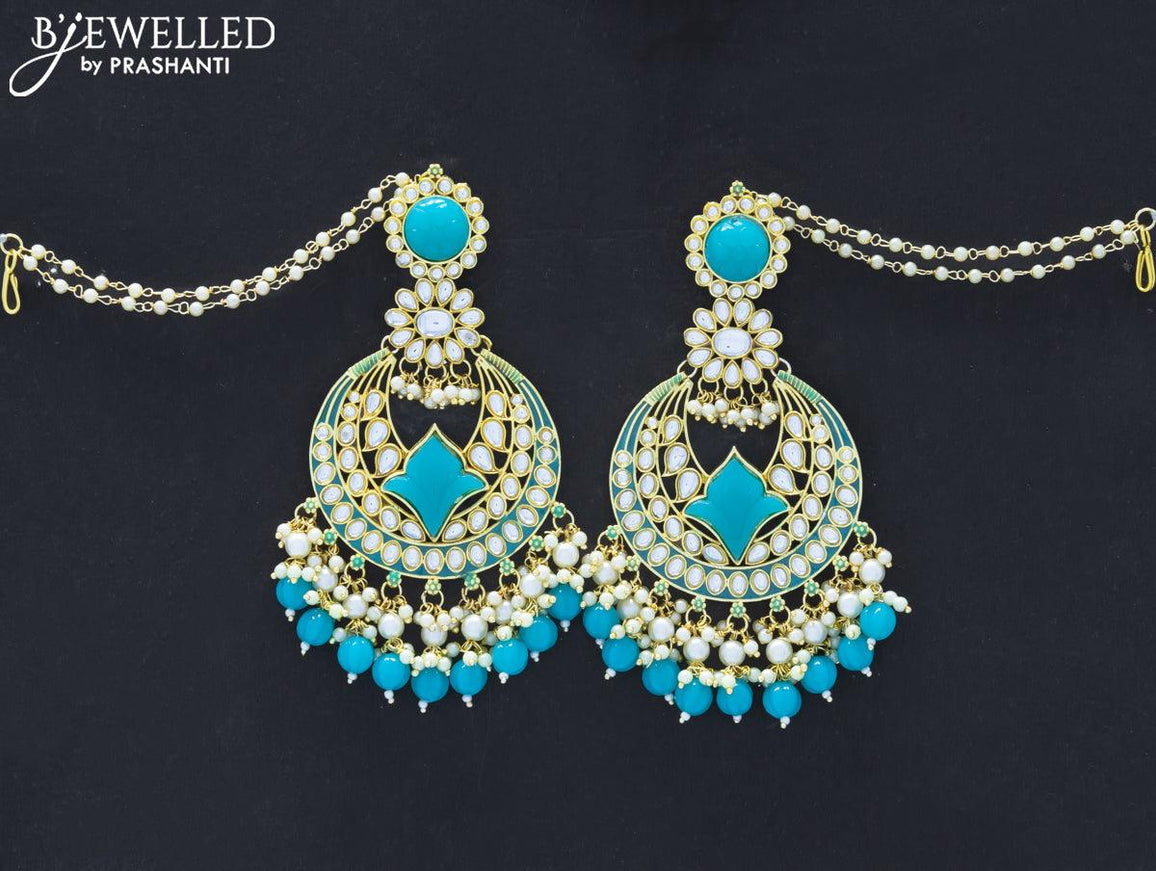 Dangler earrings blue with hangings and pearl maatal - {{ collection.title }} by Prashanti Sarees