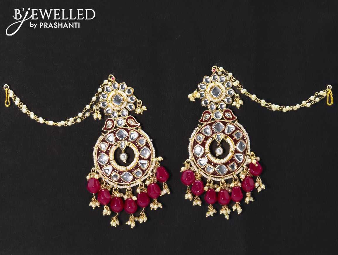 Dangler earrings dark pink with hangings and pearl maatal - {{ collection.title }} by Prashanti Sarees