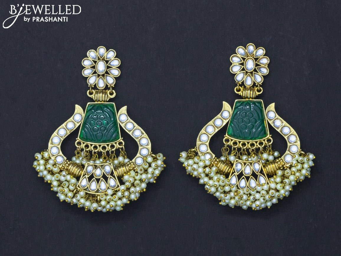Dangler earrings green and cz stone with pearl hangings - {{ collection.title }} by Prashanti Sarees