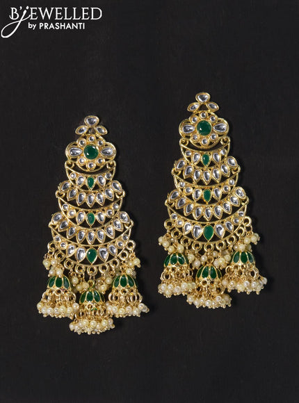Dangler earrings green and kundan stone with pearl maatal - {{ collection.title }} by Prashanti Sarees