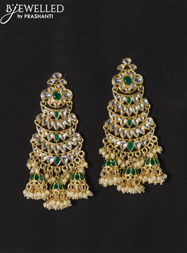 Dangler earrings green and kundan stone with pearl maatal - {{ collection.title }} by Prashanti Sarees