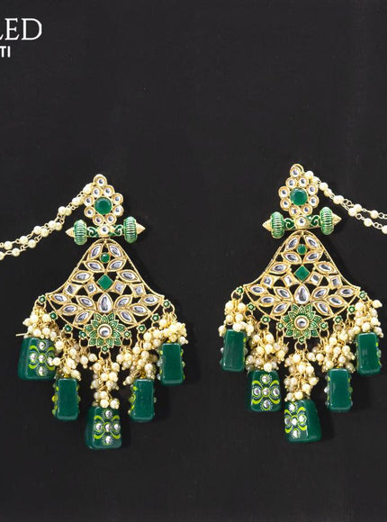 Dangler earrings green with pearl hangings and pearl maatal - {{ collection.title }} by Prashanti Sarees