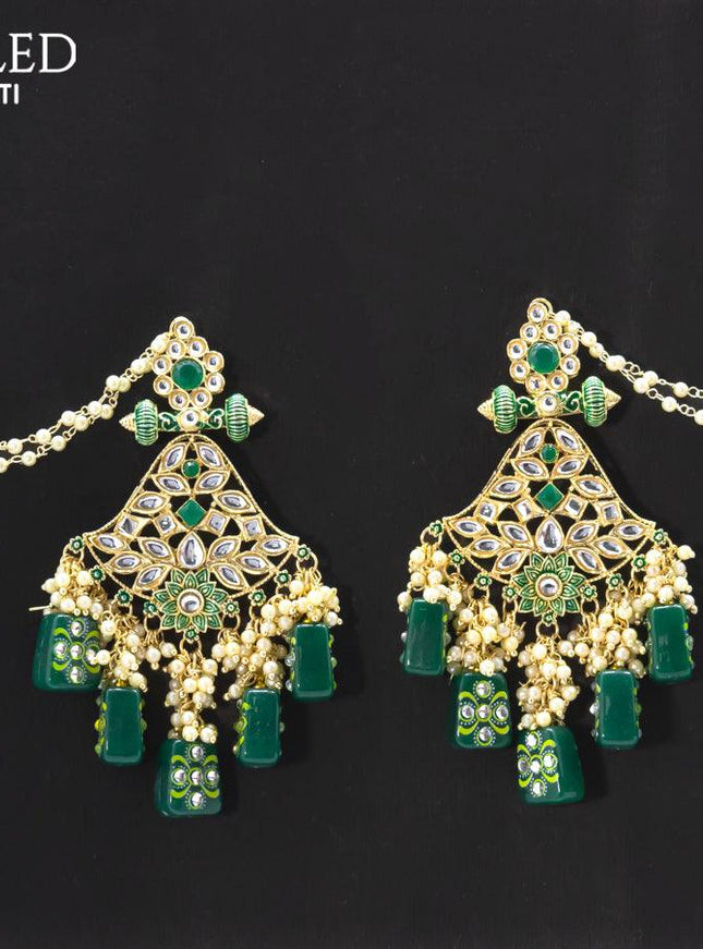 Dangler earrings green with pearl hangings and pearl maatal - {{ collection.title }} by Prashanti Sarees