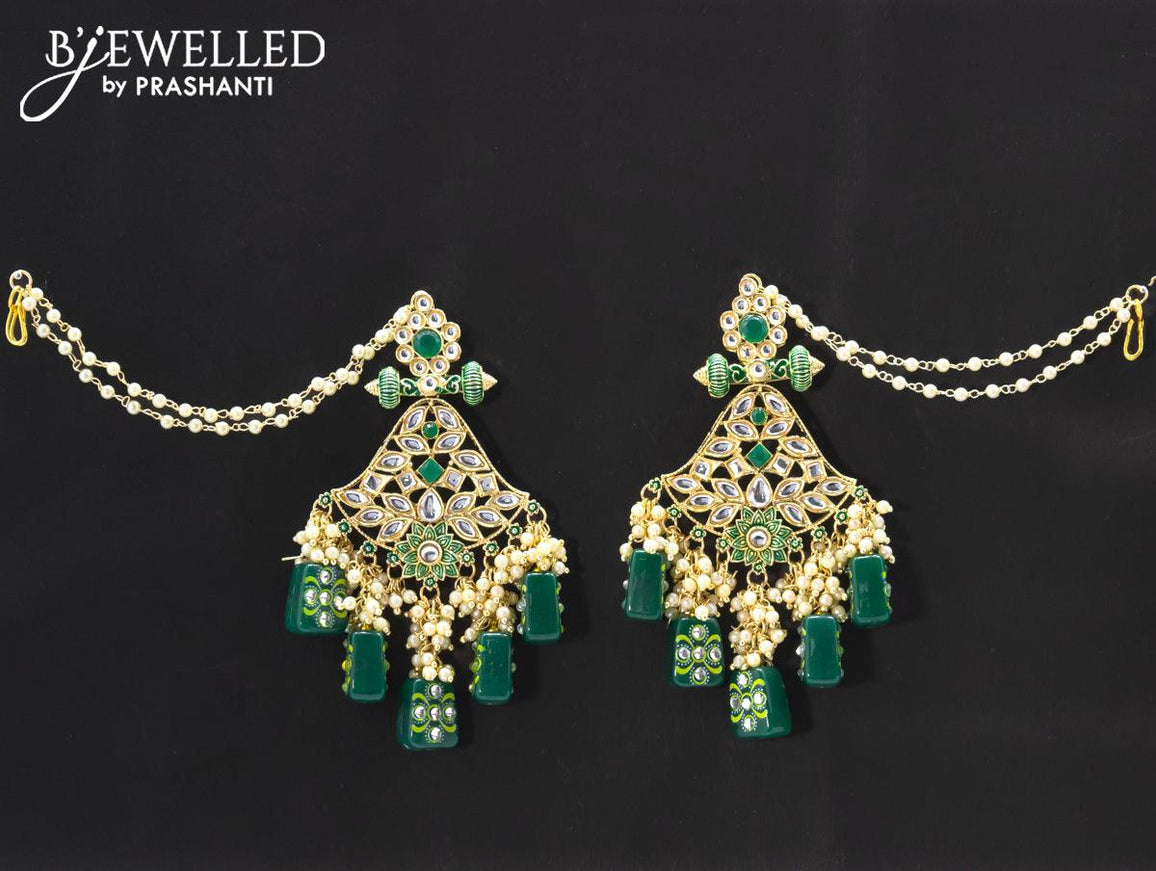 Dangler earrings green with pearl hangings and pearl maatal - {{ collection.title }} by Prashanti Sarees