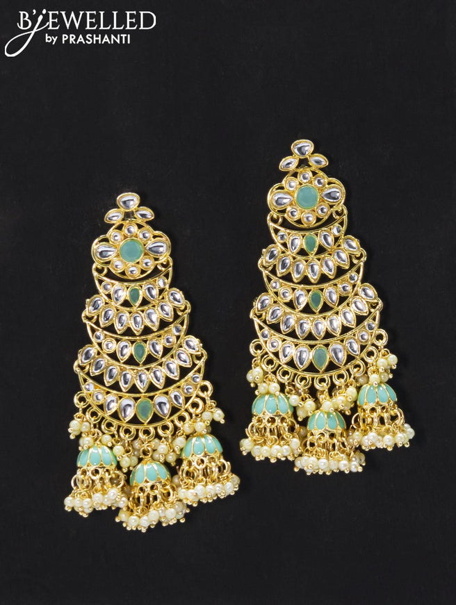 Dangler earrings light blue and kundan stone with pearl maatal - {{ collection.title }} by Prashanti Sarees