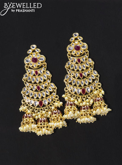Dangler earrings maroon and kundan stone with pearl maatal - {{ collection.title }} by Prashanti Sarees