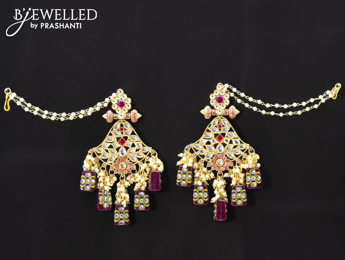 Dangler earrings maroon with pearl hangings and pearl maatal - {{ collection.title }} by Prashanti Sarees