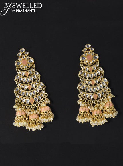 Dangler earrings mild peach and kundan stone with pearl maatal - {{ collection.title }} by Prashanti Sarees