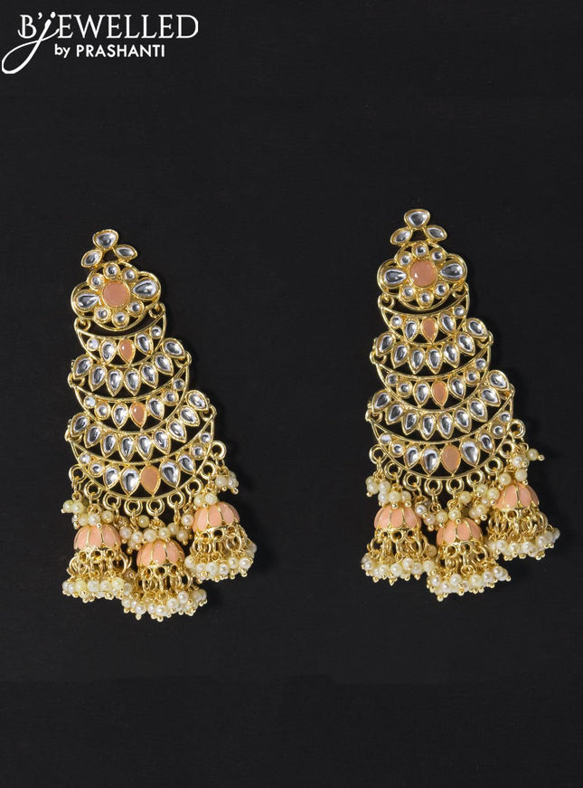 Dangler earrings mild peach and kundan stone with pearl maatal - {{ collection.title }} by Prashanti Sarees