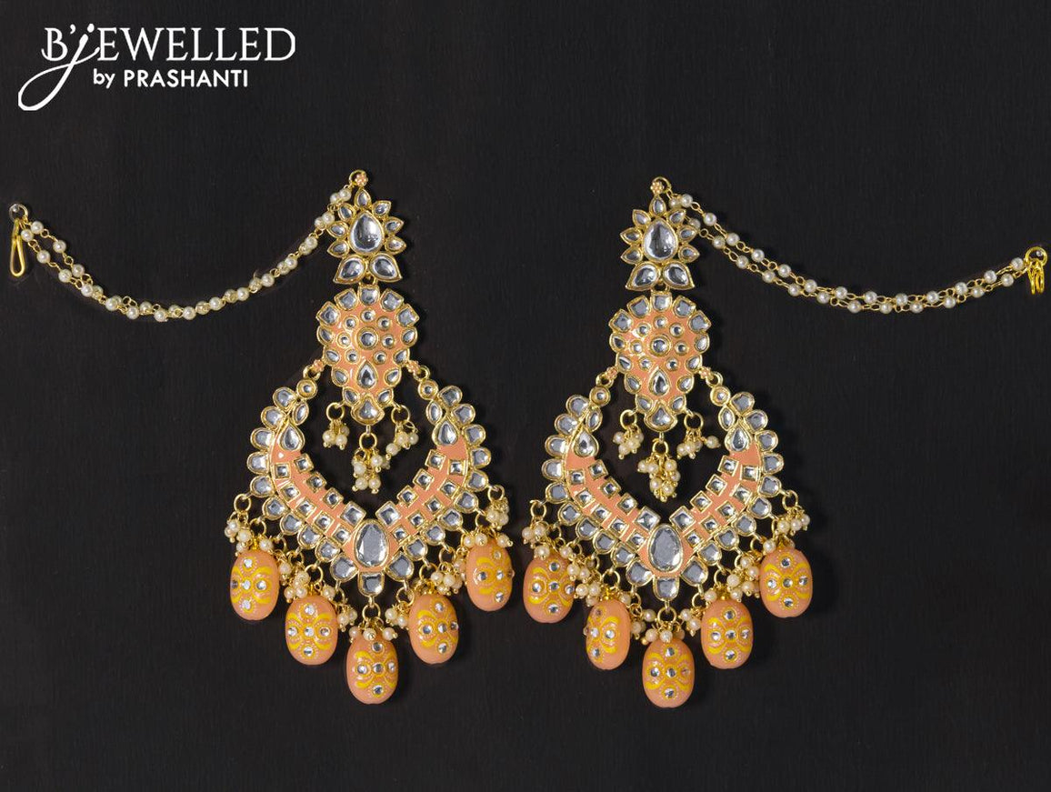 Dangler earrings mild peach with hangings and pearl maatal - {{ collection.title }} by Prashanti Sarees