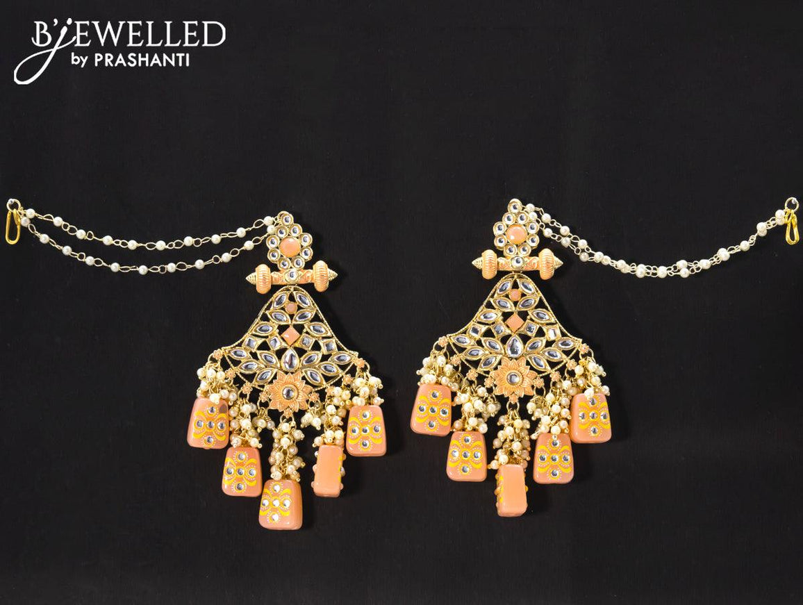 Dangler earrings mild peach with pearl hangings and pearl maatal - {{ collection.title }} by Prashanti Sarees