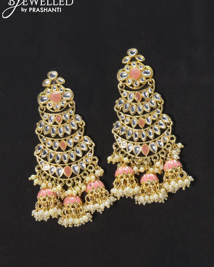 Dangler earrings peach and kundan stone with pearl maatal - {{ collection.title }} by Prashanti Sarees