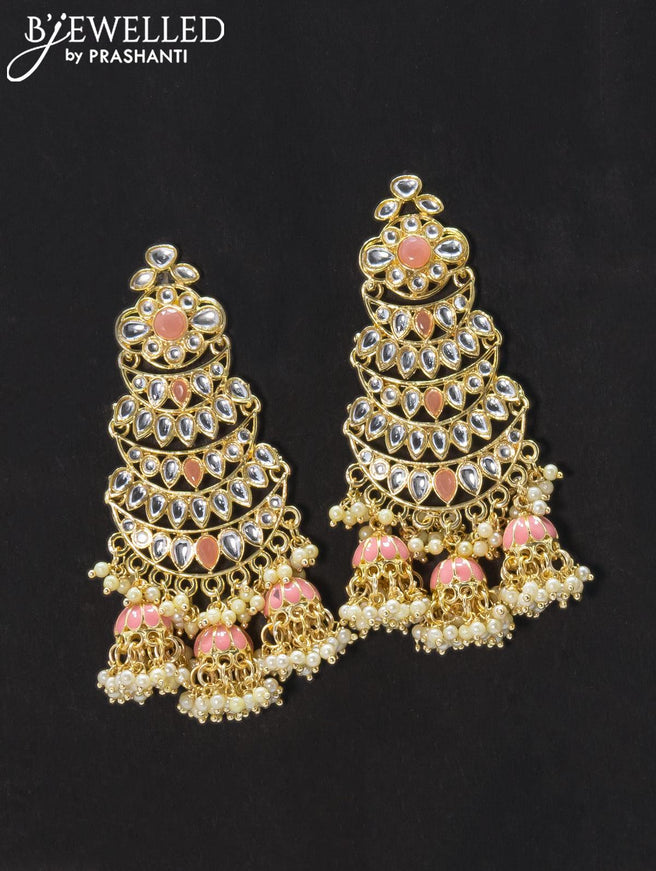 Dangler earrings peach and kundan stone with pearl maatal - {{ collection.title }} by Prashanti Sarees