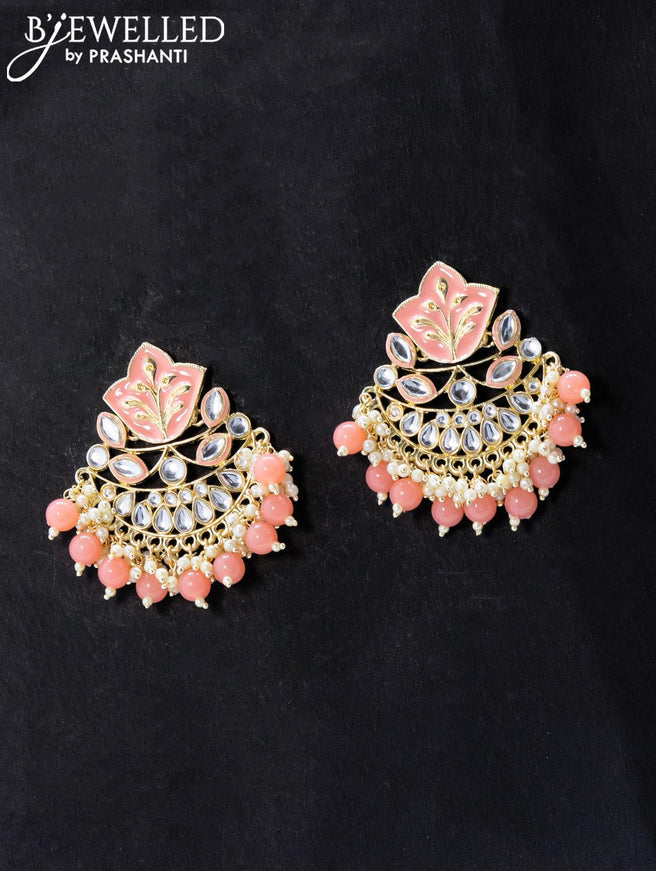 Dangler earrings peach with hangings and pearl maatal - {{ collection.title }} by Prashanti Sarees