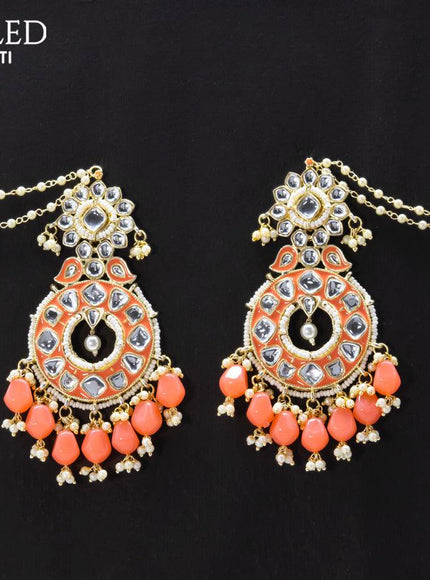 Dangler earrings peach with hangings and pearl maatal - {{ collection.title }} by Prashanti Sarees
