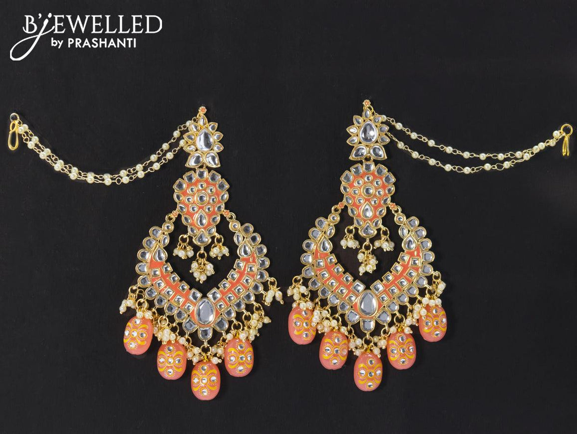 Dangler earrings peach with hangings and pearl maatal - {{ collection.title }} by Prashanti Sarees