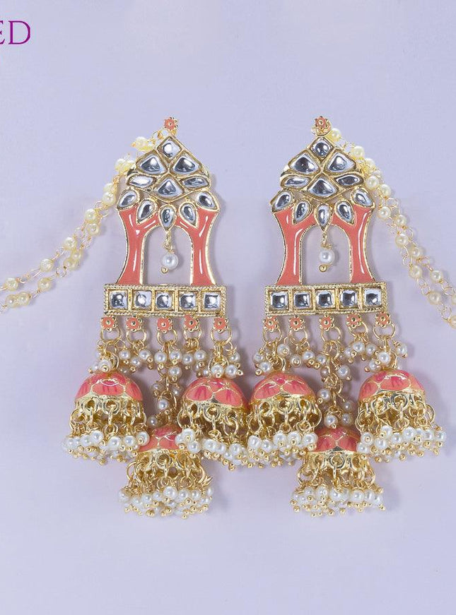 Dangler earrings peach with hangings and pearl maatal - {{ collection.title }} by Prashanti Sarees