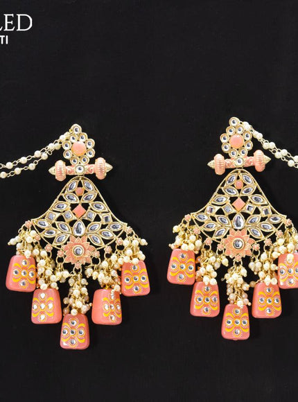Dangler earrings peach with pearl hangings and pearl maatal - {{ collection.title }} by Prashanti Sarees