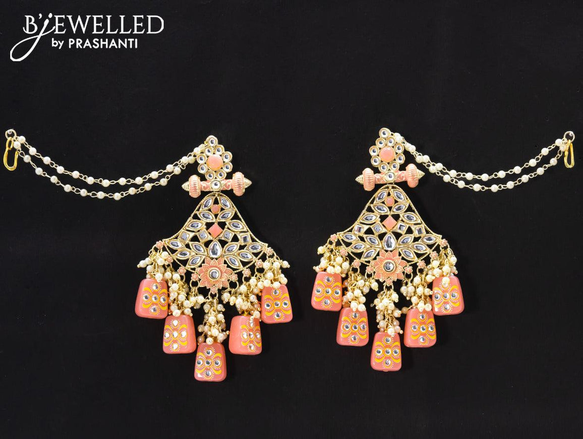 Dangler earrings peach with pearl hangings and pearl maatal - {{ collection.title }} by Prashanti Sarees