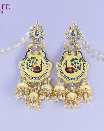 Dangler earrings peacock design cream with pearl hangings and maatal - {{ collection.title }} by Prashanti Sarees