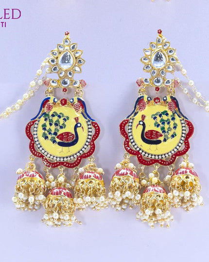 Dangler earrings peacock design red with pearl hangings and maatal - {{ collection.title }} by Prashanti Sarees