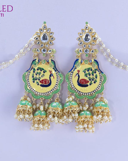 Dangler earrings peacock design teal green with pearl hangings and maatal - {{ collection.title }} by Prashanti Sarees