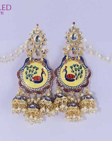 Dangler earrings peacock design wine shade with pearl hangings and maatal - {{ collection.title }} by Prashanti Sarees