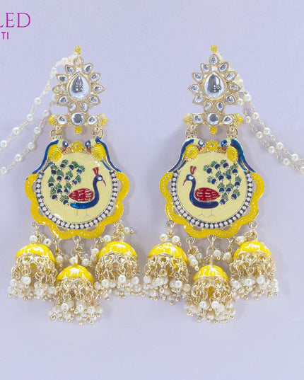 Dangler earrings peacock design yellow with pearl hangings and maatal - {{ collection.title }} by Prashanti Sarees