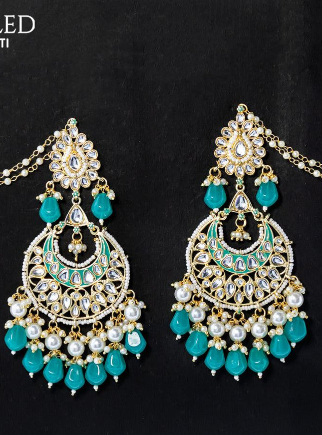 Dangler earrings teal blue with hangings and pearl maatal - {{ collection.title }} by Prashanti Sarees