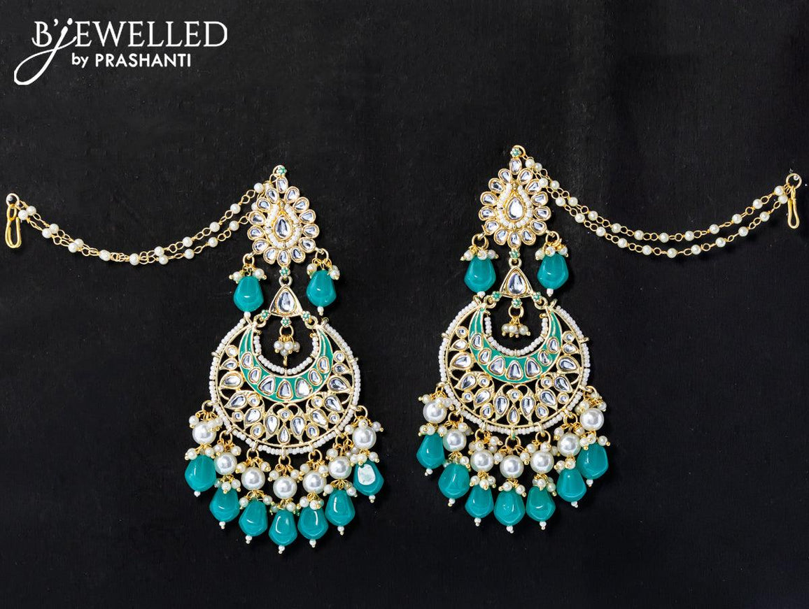 Dangler earrings teal blue with hangings and pearl maatal - {{ collection.title }} by Prashanti Sarees