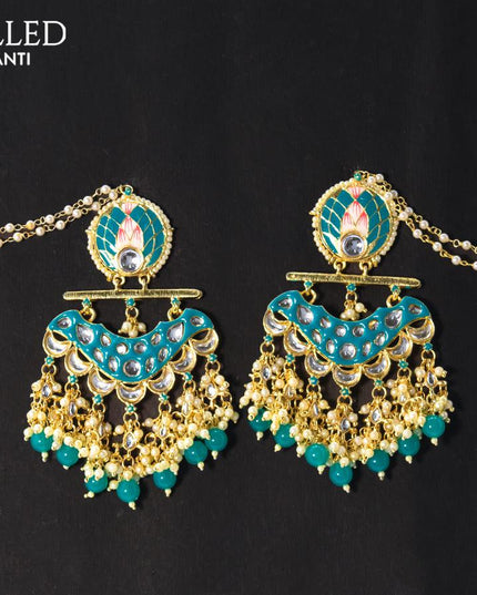 Dangler earrings teal blue with hangings and pearl maatal - {{ collection.title }} by Prashanti Sarees